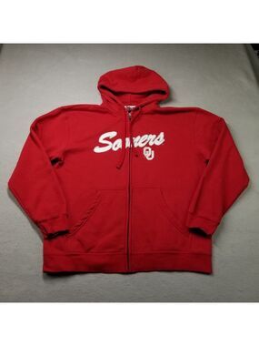 Oklahoma Sooners Hoodie Mens Size L Red Full Zip Majestic Script Spell Out
